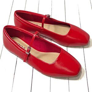New Womens Red Square Toe Mary Jane Ballet Flats